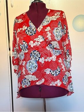 Julie’s Closet Asian Red Floral Print Wrap-Style Women's Top Vintage Y2K